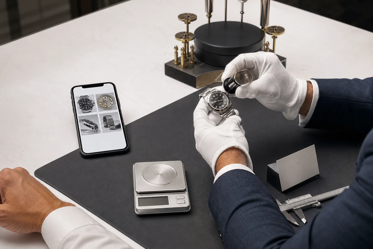 Appraiser reviewing a watch beside customer photographs and precision tools